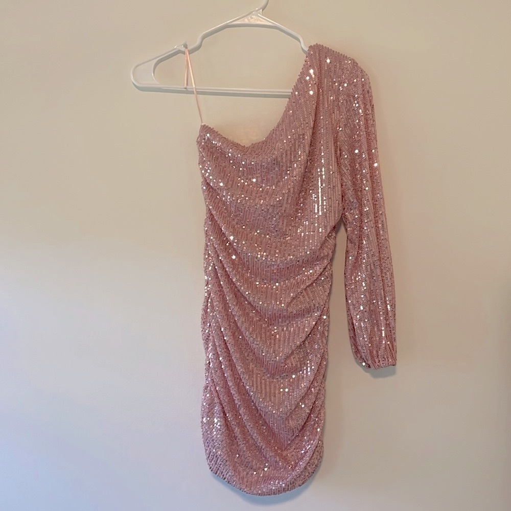 Pink sequined bodycon hoco dress - Small - VELV off shoulder homecoming sparkle!